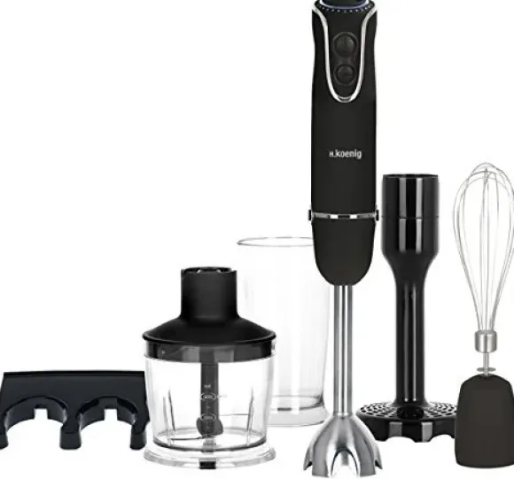 h.koenig H. Koenig mix75 Stabmixer zestaw z kubkiem Mix, trzepaczka do piany i robienia puree, 750 W, czarny i ze stali szlachetnej MIX75