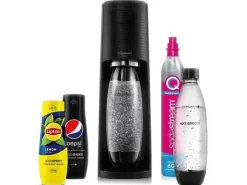 Saturator SODASTREAM Terra Black + nabój CO2 różowy 2 butelki Fuse 1l syropy (Pepsi, Lipton) Czarny