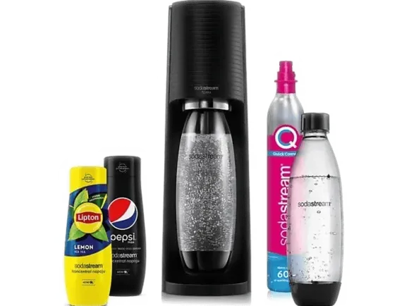 Saturator SODASTREAM Terra Black + nabój CO2 różowy 2 butelki Fuse 1l syropy (Pepsi, Lipton) Czarny