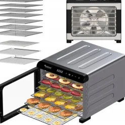 Suszarka spożywcza Pro TurboTronic do grzybów dehydrator temp. 35°c-75°c 7 poziomów timer nierdzewka 675W Srebrna