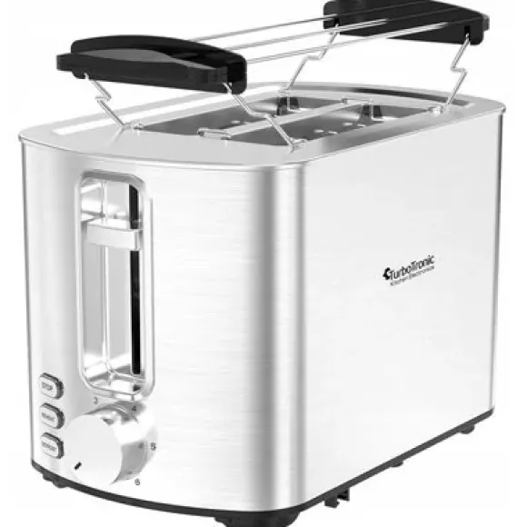 Toster TurboTronic opiekacz do tostów grzanki kromek kanapek 2 tosty 850w 6 poziomów opiekania stalowa obudowa Srebrny