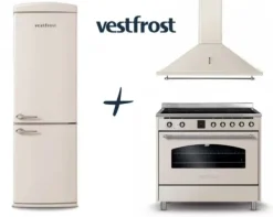 VestFrost Linia Beżowa - zestaw retro : kuchnia z płytą indukcyjną + okap + lodówka