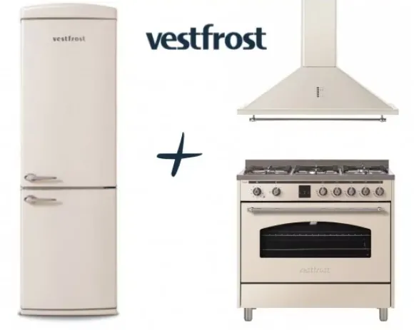VestFrost Linia Beżowa - zestaw retro : kuchnia gazowo-elektryczna + okap + lodówka