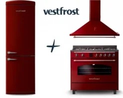 VestFrost Linia Bordowa - zestaw retro : kuchnia z płytą gazową + okap + lodówka