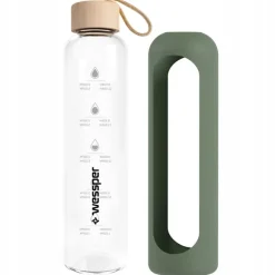 Wessper B1 Borosilicate 500 ml Szklana butelka na wodę z miarką motywacyjną z oliwkowym etui