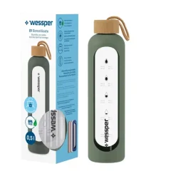Wessper B1 Borosilicate 500 ml Szklana butelka na wodę z miarką motywacyjną z oliwkowym etui
