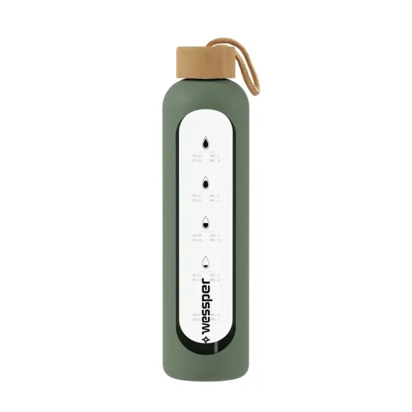 Wessper B1 Borosilicate 500 ml Szklana butelka na wodę z miarką motywacyjną z oliwkowym etui