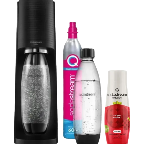 Zestaw SODASTREAM Saturator Terra Black + nabój z gazem CO2 2x butelka Fuse 1l syrop malinowy 440ml Wielokolorowy
